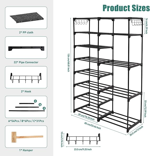 7 Layer Durable Metal Shoe Rack with Side Pockets