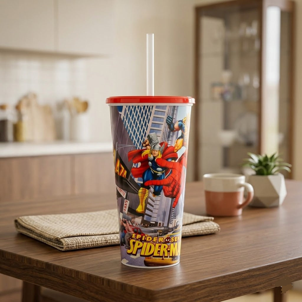 Cartoon Printed Reusable Cup with Lid & Straw