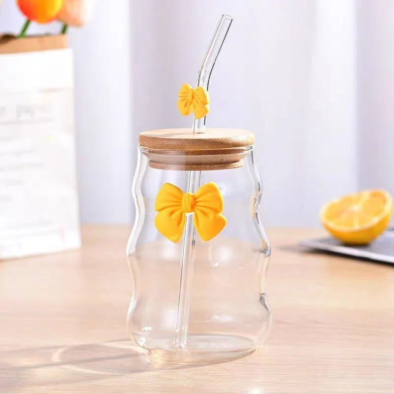 Elegant Bow Glass Cup with Lid and Straw