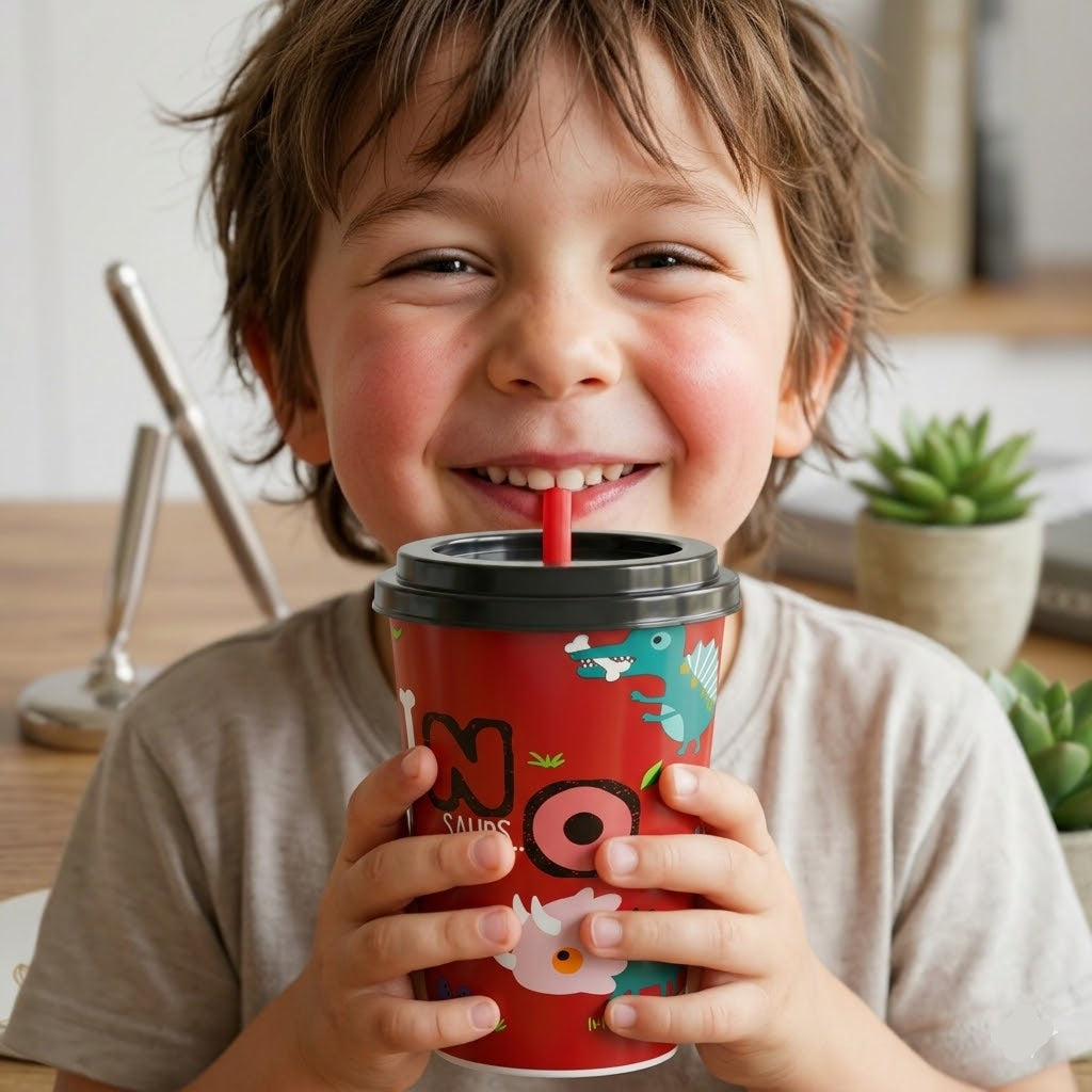 Cartoon Printed Reusable Cup with Lid & Straw