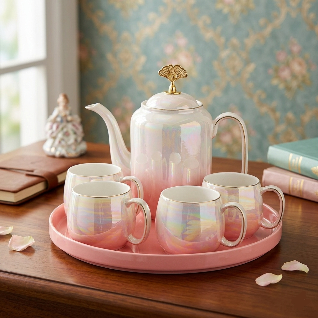 8PCs Ceramic Tea Set With 360 Rotatable Tray