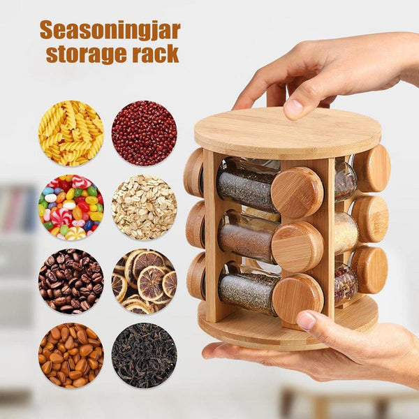 Wooden Rotating Spice Rack with 8 Glass Jars
