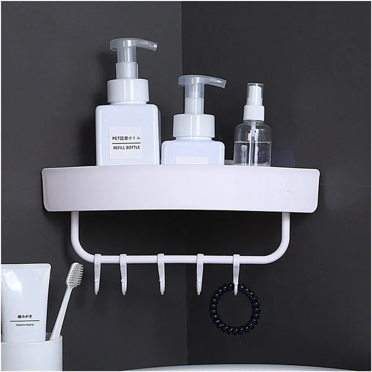 Triangle Shape Self Adhesive Corner Shelf With Hooks