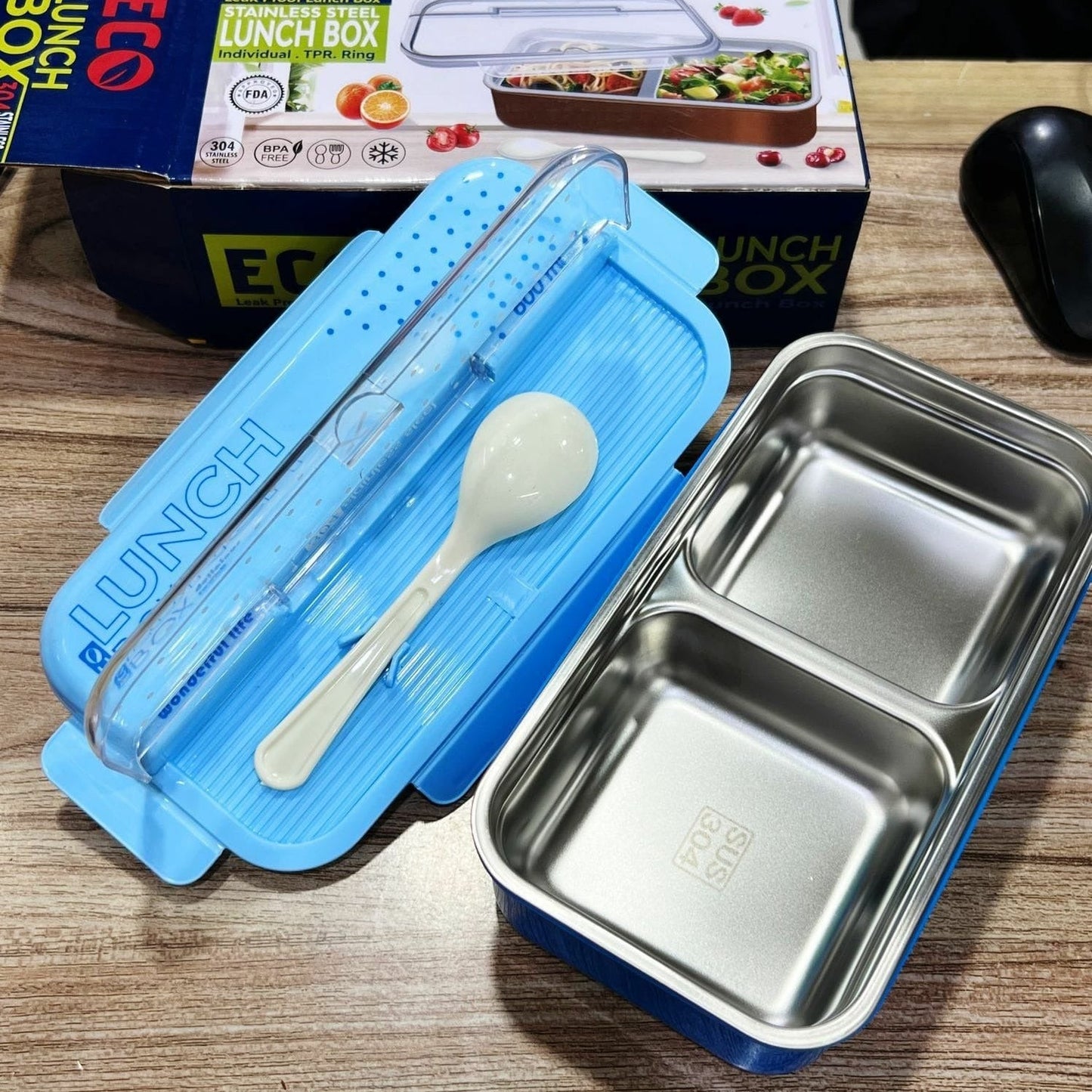 2 Portion Stainless Steel Lunch Box With Spoon