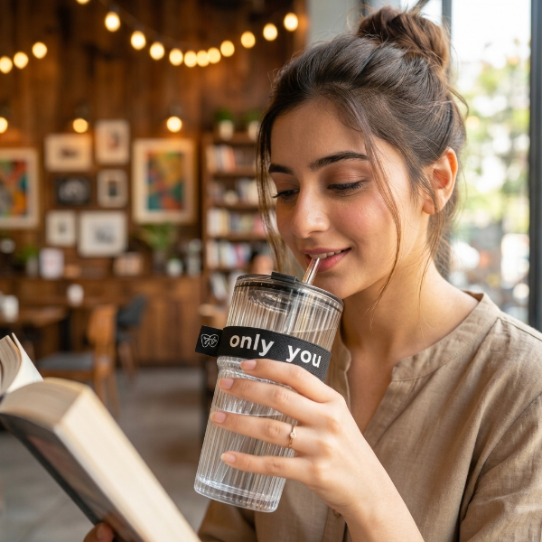 Elegant Glass Tumbler With Straw