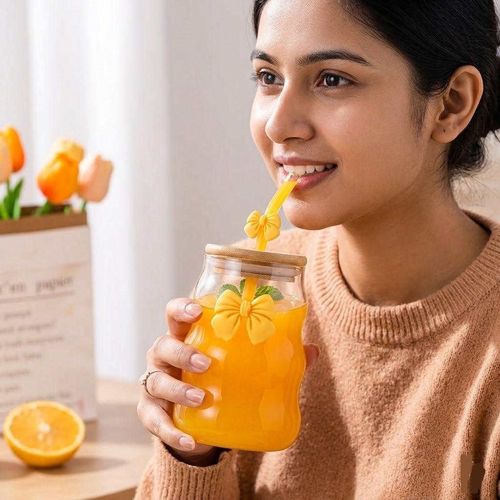 Elegant Bow Glass Cup with Lid and Straw