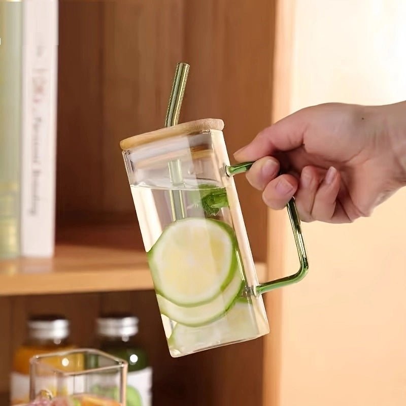 Glass Mug With Wooden Lid And Straw