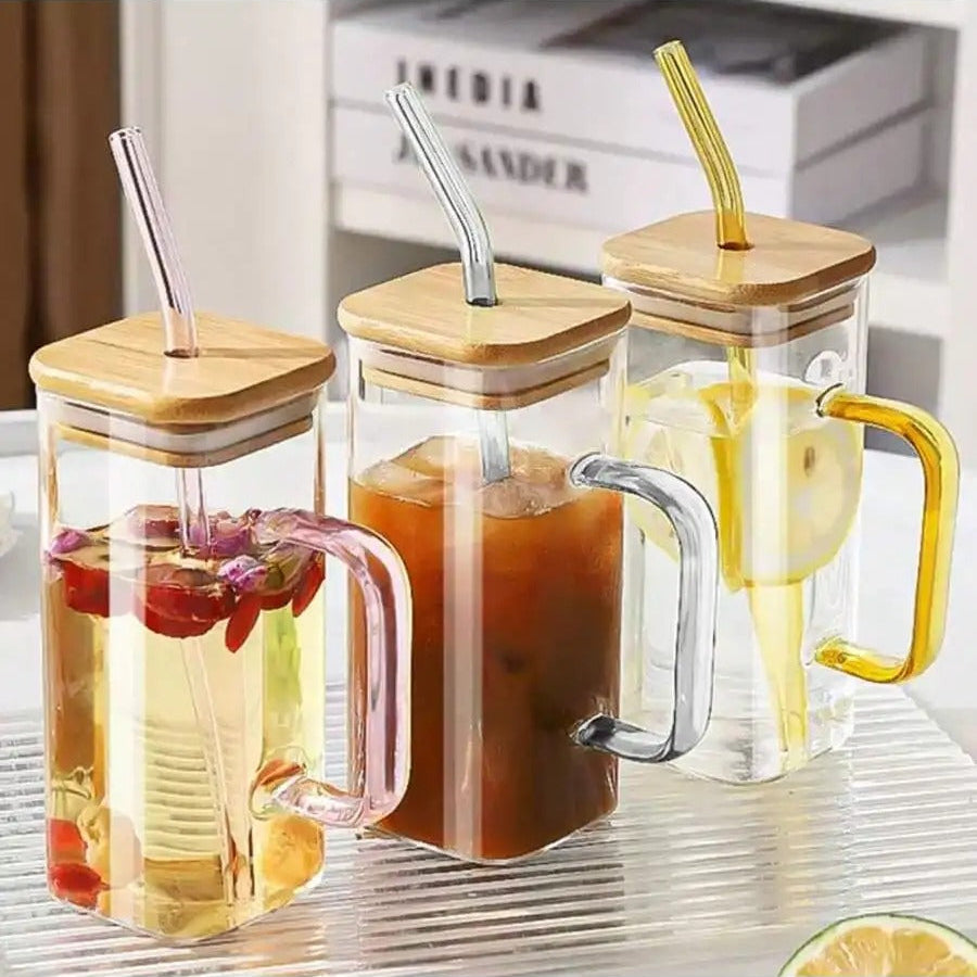 Glass Mug With Wooden Lid And Straw