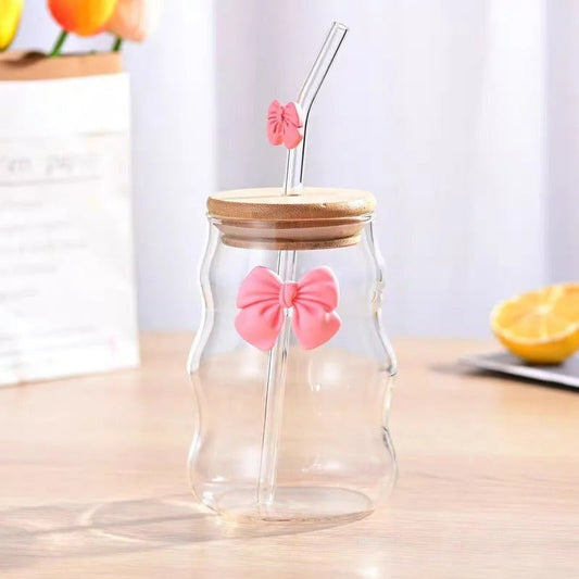 Elegant Bow Glass Cup with Lid and Straw