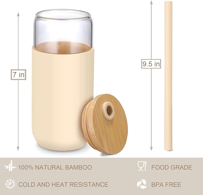 Glass Water Tumbler with Silicone Protective Sleeve  Bamboo Starw & Lid