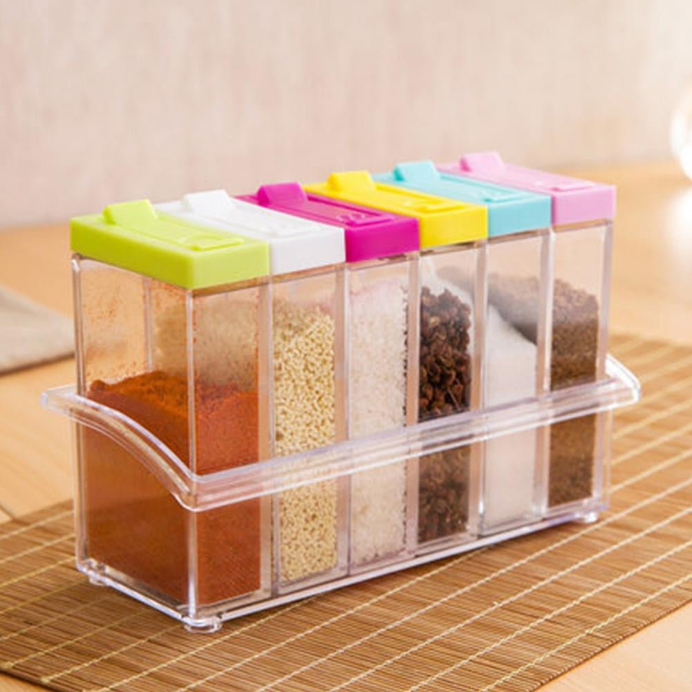6Pcs Spice Jar Set Home Storage Container with Tray Rack. - Easy Wholesale