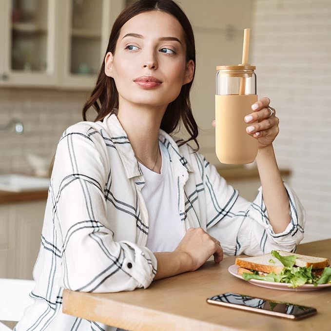 Glass Water Tumbler with Silicone Protective Sleeve  Bamboo Starw & Lid