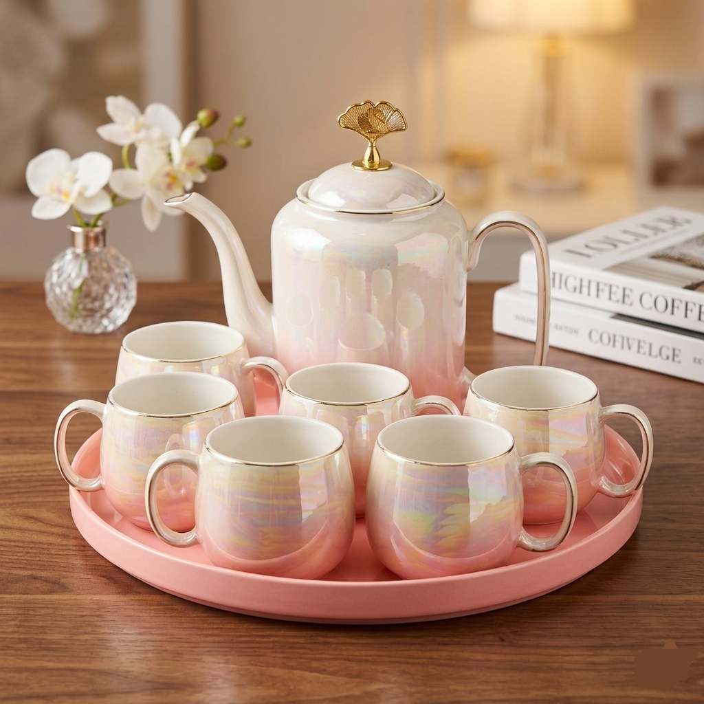 8PCs Ceramic Tea Set With 360 Rotatable Tray