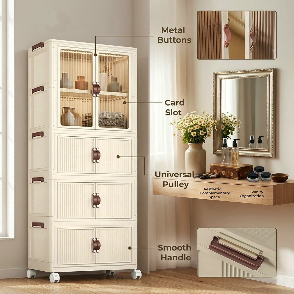 Portable Storage Organizer With Transparent Doors And Wheels