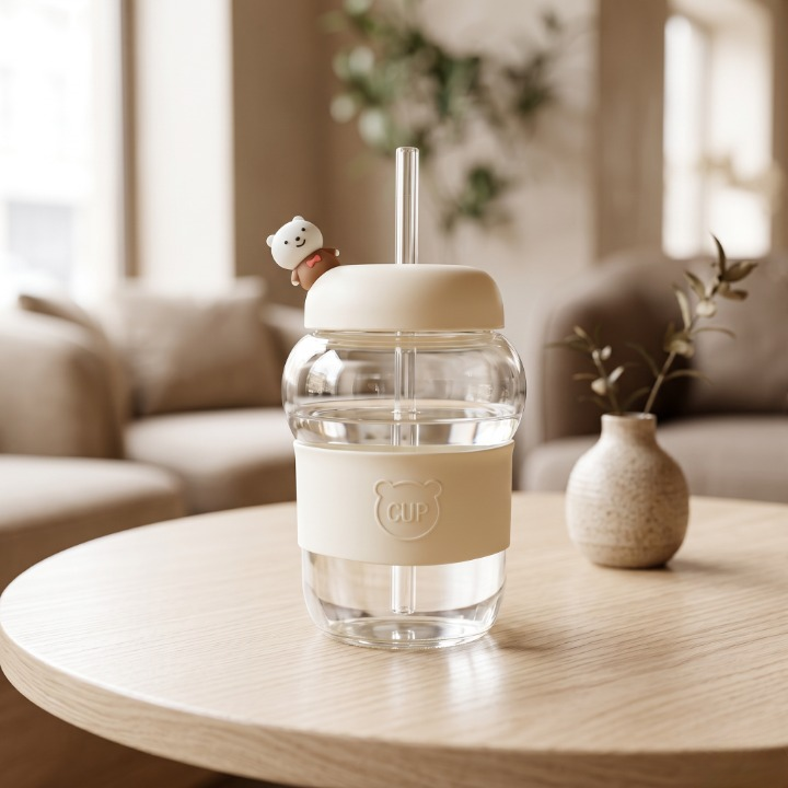 Elegant Bear Glass Cup with Straw
