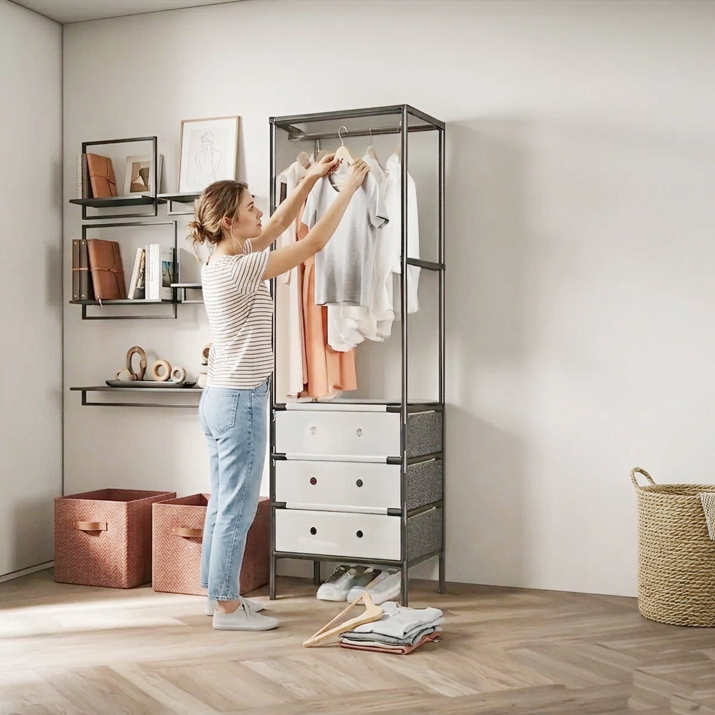 Multitier Cloth Storage Rack With 3 Drawers
