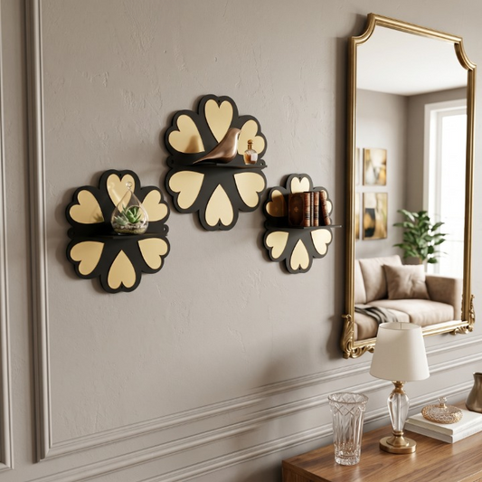 3PCs Golden Heart Flower Wall Shelf