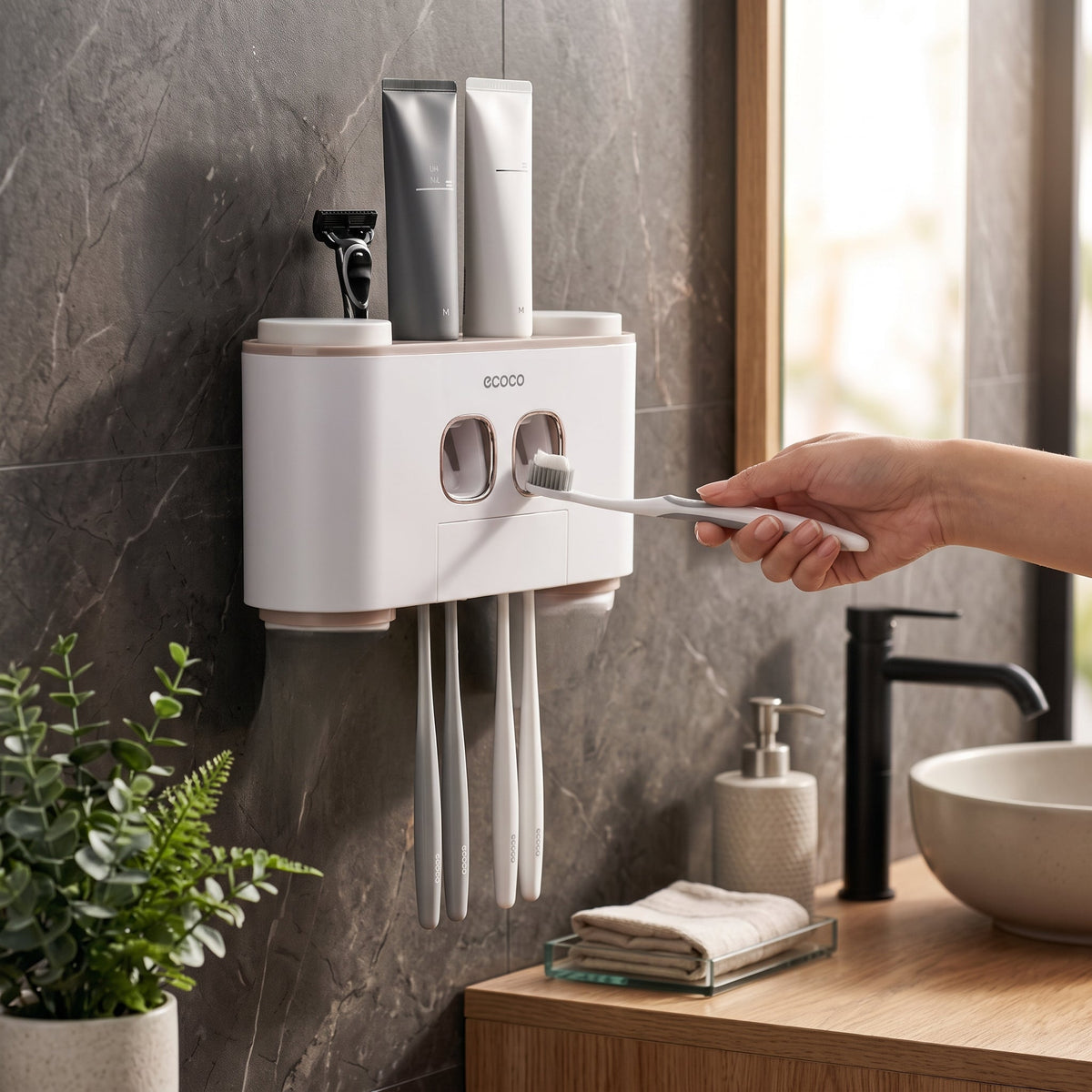 Wall Mounted Toothpaste Dispenser & Toothbrush Holder