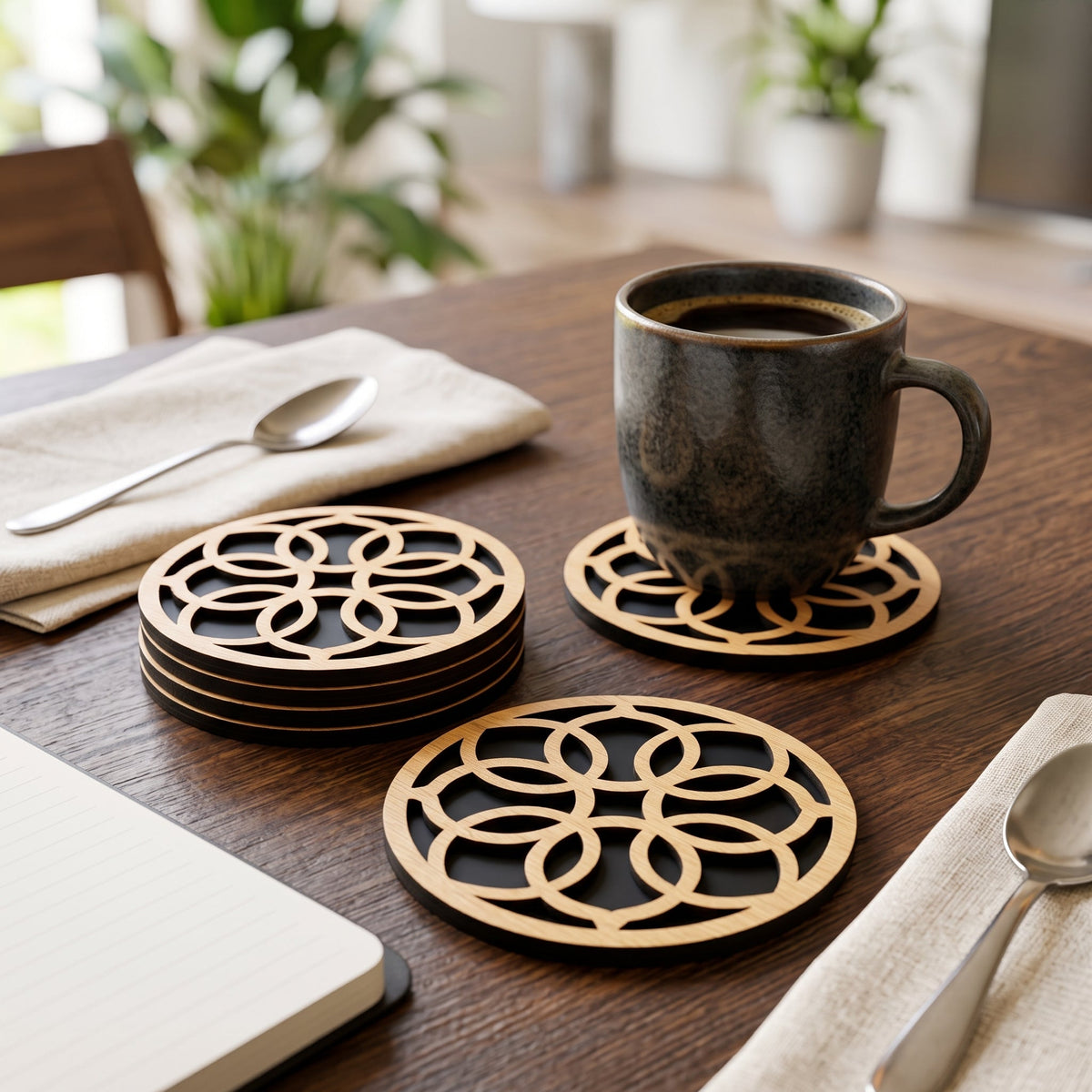 6PCs Laser-Cut Wooden Coaster Set