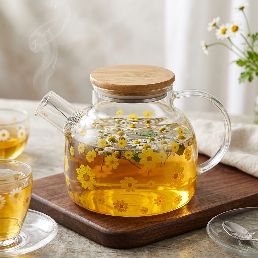 Elegant Floral Glass Kettle With Wooden Lid