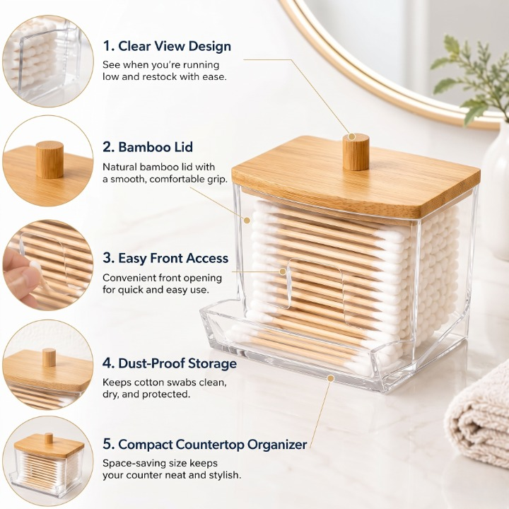 Cotton Bud Storage Box With Wooden Lid