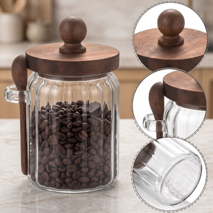 Glass Storage Jar with Wooden Lid & Spoon 500 ML