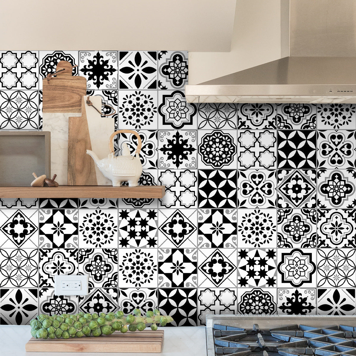 12pcs Black & White Tile Stickers – Waterproof Peel & Stick Home Decor