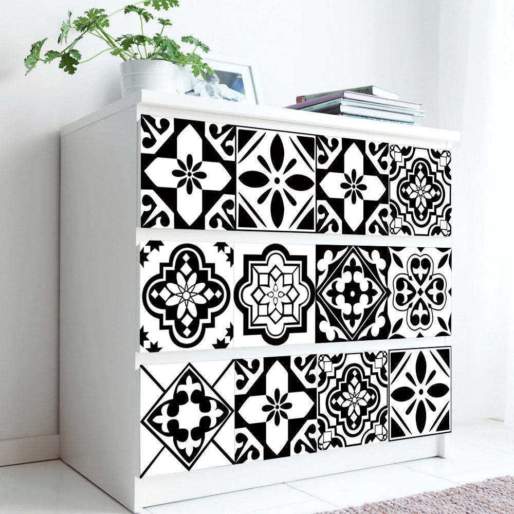 12pcs Black & White Tile Stickers – Waterproof Peel & Stick Home Decor