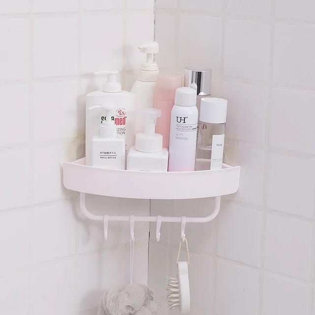 Triangle Shape Self Adhesive Corner Shelf With Hooks