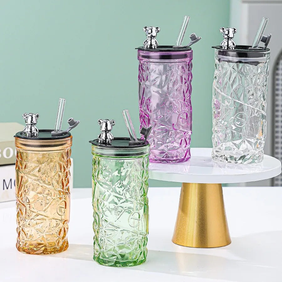 Diamond Acrylic Glass Bear Cup with Lid