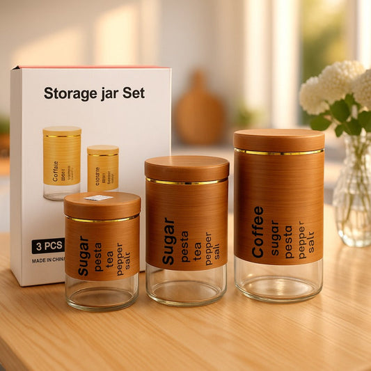 3PCs Airtight Glass Storage Jar Set with Wooden Lid