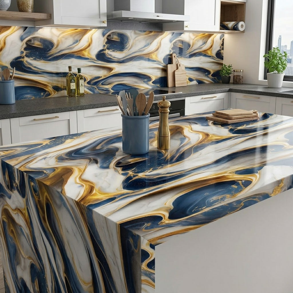 Waterproof Blue & Golden Marble Sheet (60cm x 2m)