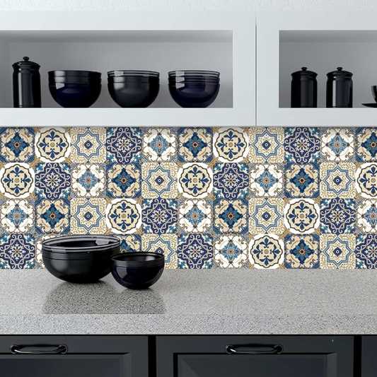 12PCs Blue & White Design Adhesive Tile Sticker
