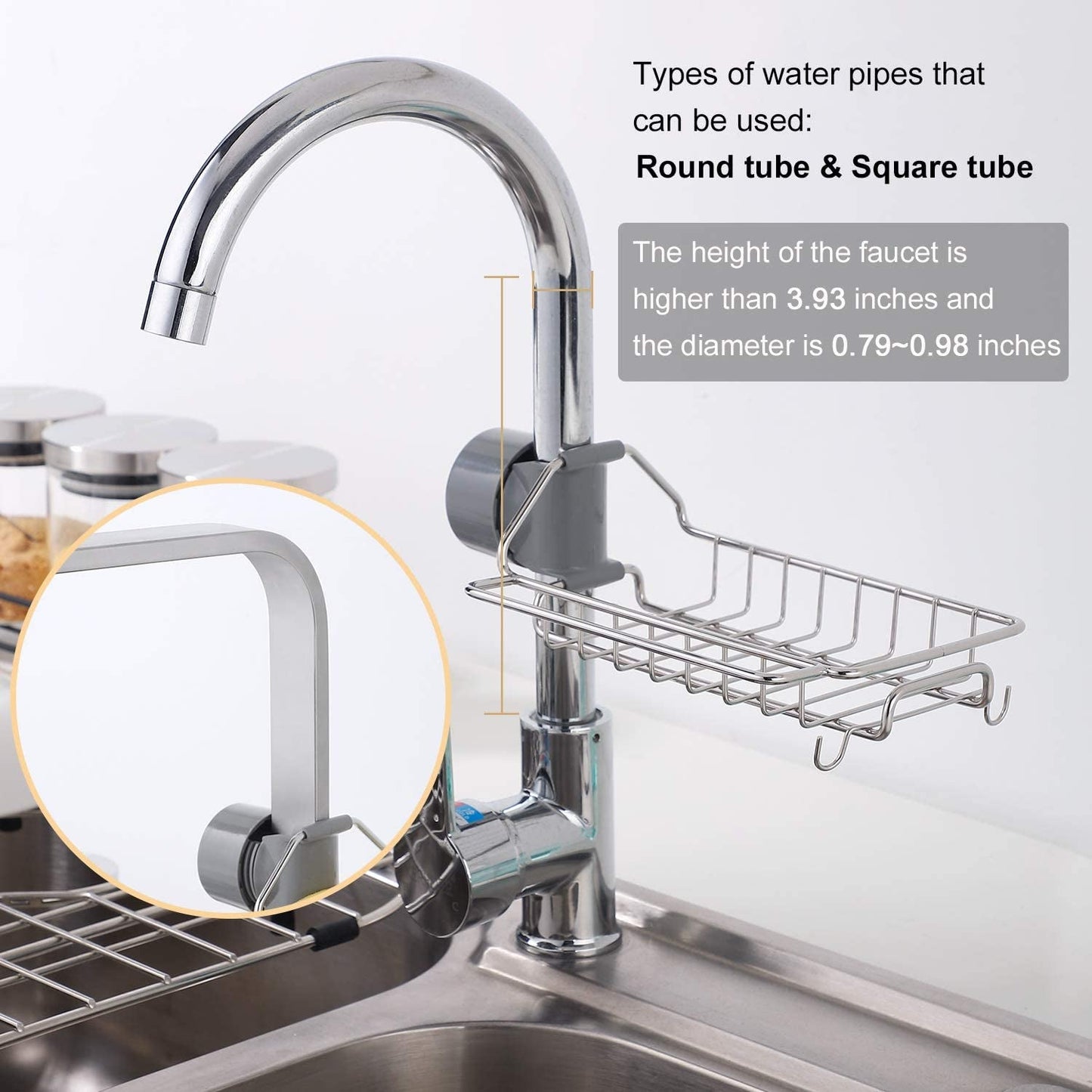 Adjustable Stainless Steel Sink Faucet Storage Rack Hanging Basket.