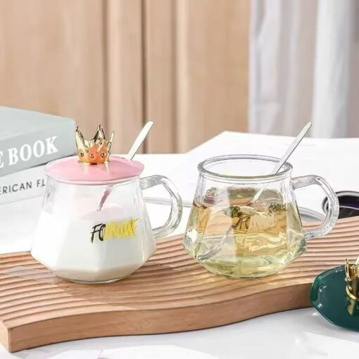 Crown Glass Cup With Lid & Spoon