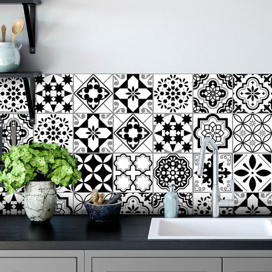 12pcs Black & White Tile Stickers – Waterproof Peel & Stick Home Decor