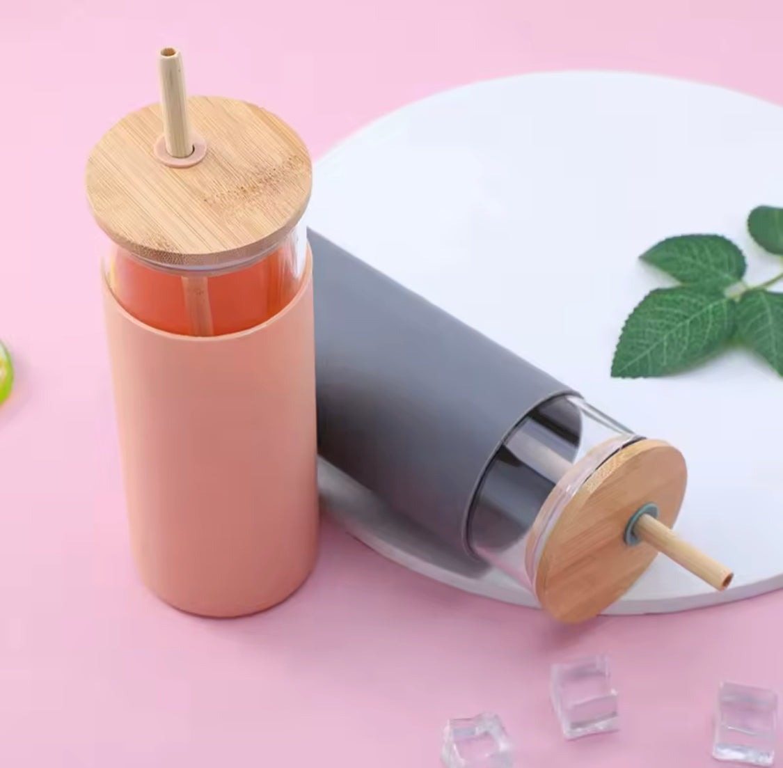 Glass Water Tumbler with Silicone Protective Sleeve  Bamboo Starw & Lid
