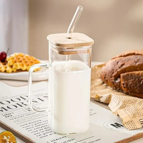 Glass Mug With Wooden Lid And Straw