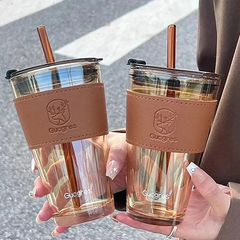 Glass Coffee Cup with Straw